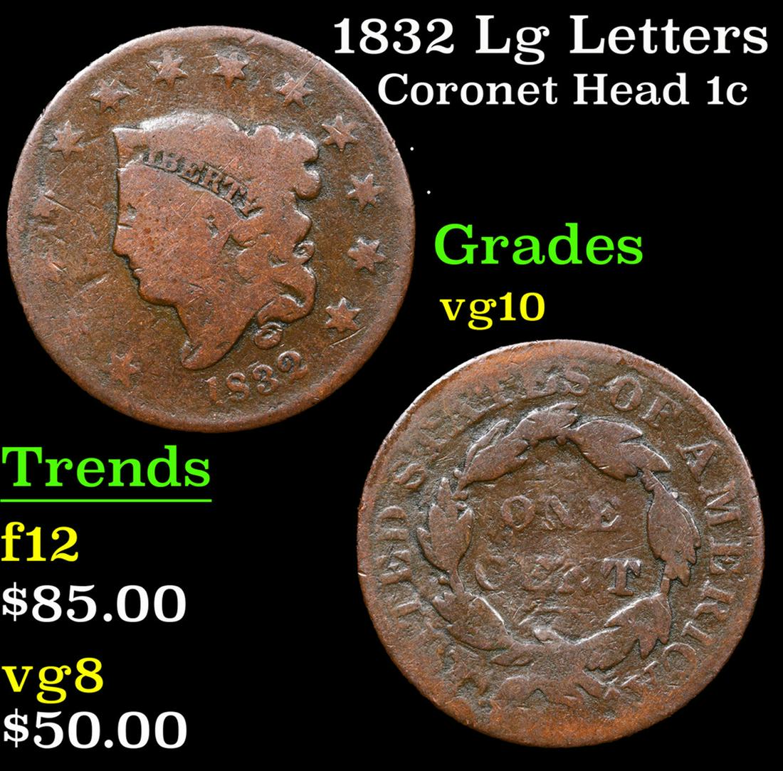 1832 Lg Letters Coronet Head Large Cent 1c Grades vg+ (1 of 3)