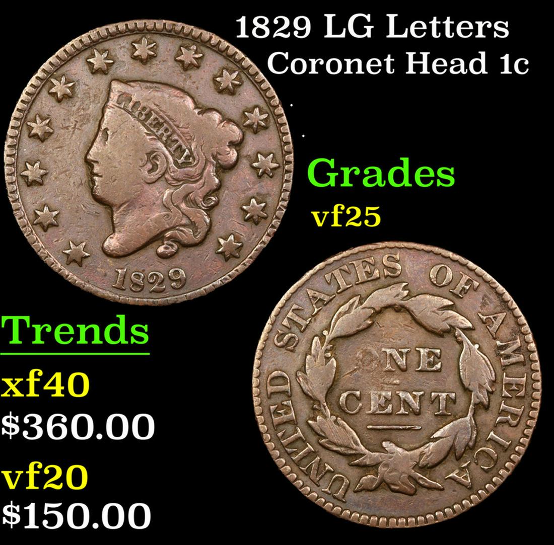 1829 LG Letters Coronet Head Large Cent 1c Grades vf+ (1 of 3)