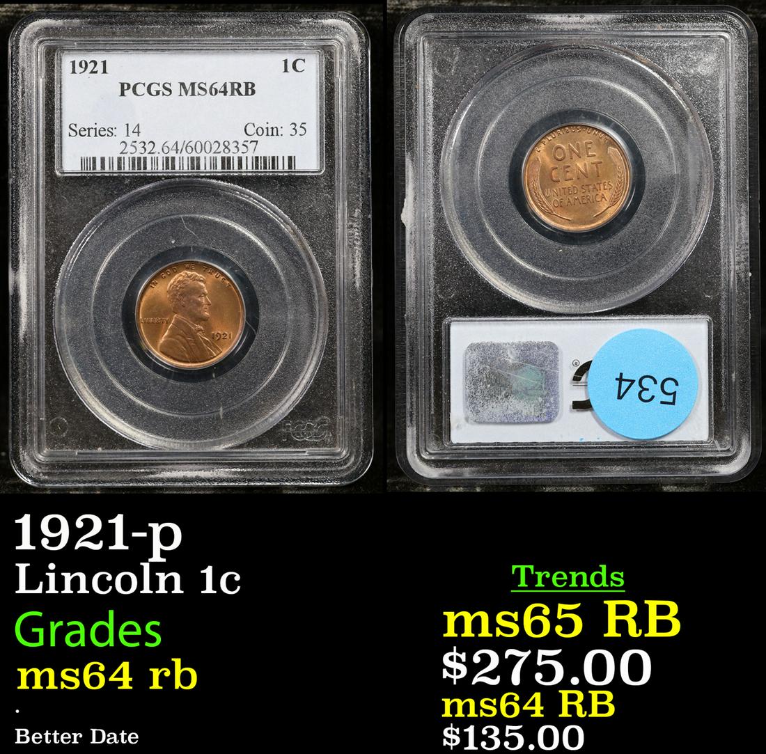 PCGS 1921-p Lincoln Cent 1c Graded ms64 rb By PCGS (1 of 3)