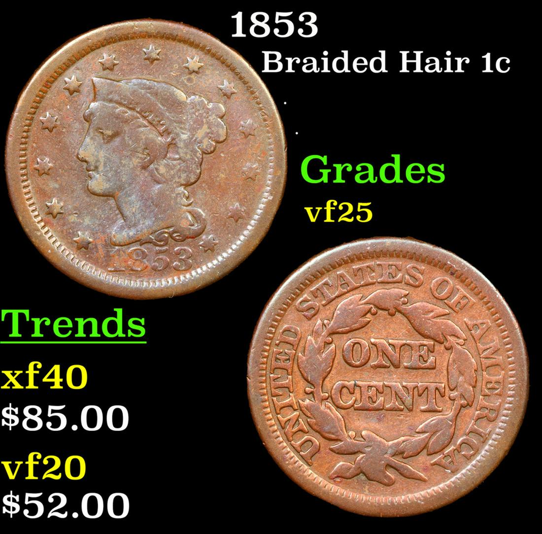 1853 Braided Hair Large Cent 1c Grades vf+ (1 of 3)