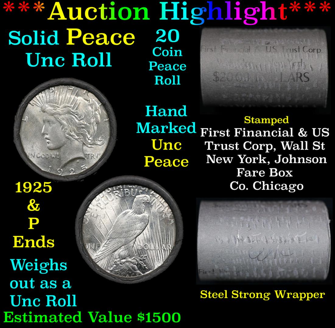 ***Auction Highlight*** Solid Uncirculated Peace silver dollar roll 1925 & P Ends, 20 coins (fc) (1 of 5)