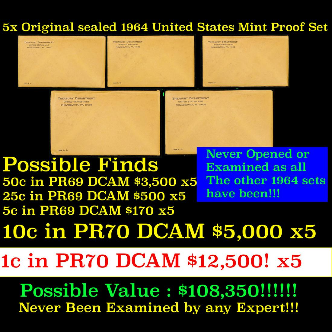 5x Sealed Original 1964 United States Mint Proof Set!  A total of 25 Coins Inside, 5 each! (1 of 11)