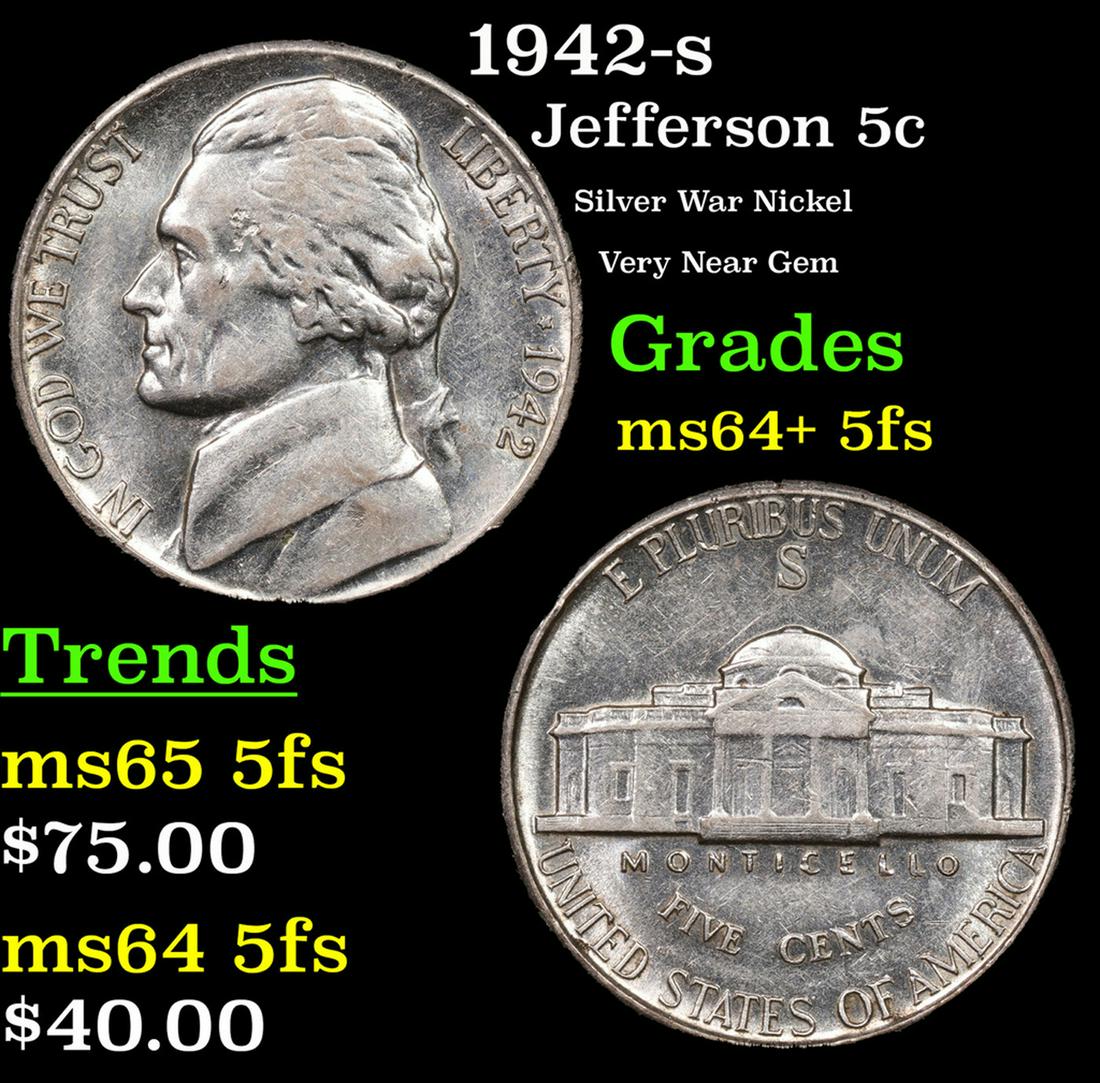 1942-s Jefferson Nickel 5c Grades Choice Unc+ 5fs (1 of 3)