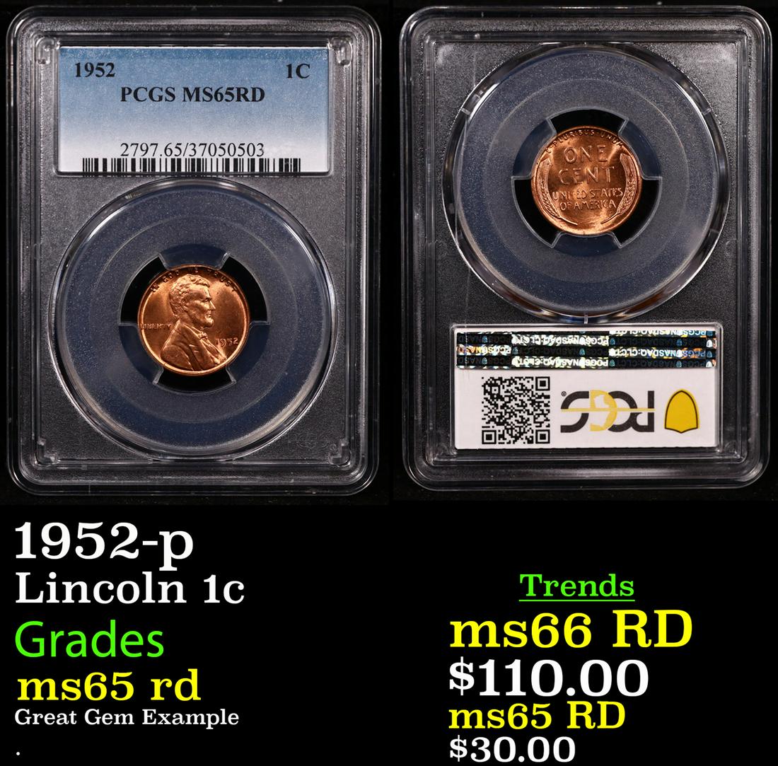 PCGS 1952-p Lincoln Cent 1c Graded ms65 rd By PCGS (1 of 3)