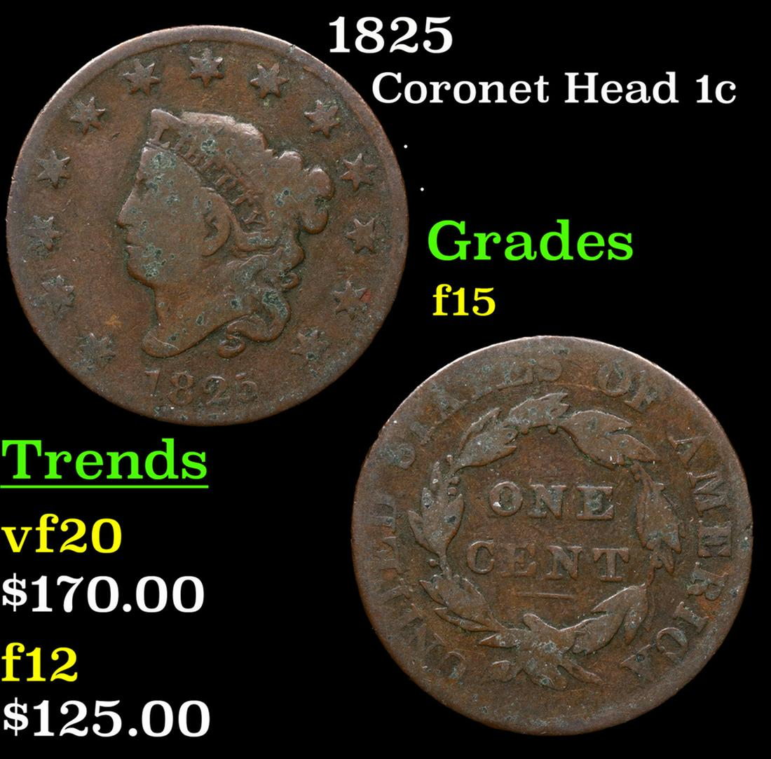 1825 Coronet Head Large Cent 1c Grades f+ (1 of 3)