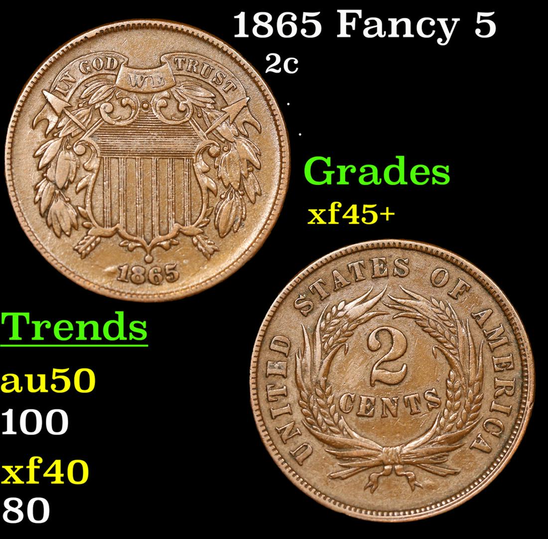 1865 Fancy 5 Two Cent Piece 2c Grades xf+++ (1 of 3)