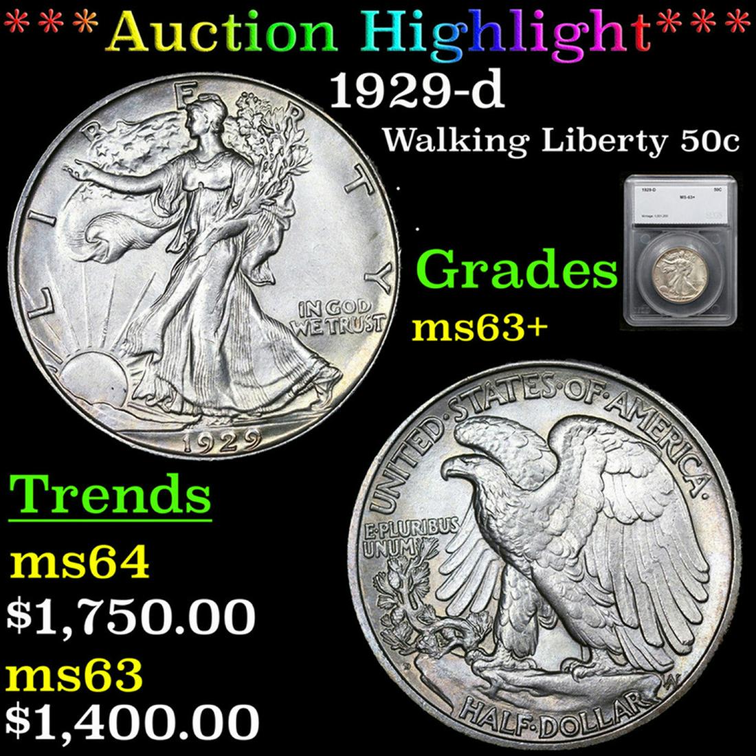 ***Auction Highlight*** 1929-d Walking Liberty Half Dollar 50c Graded ms63+ By SEGS (fc) (1 of 5)