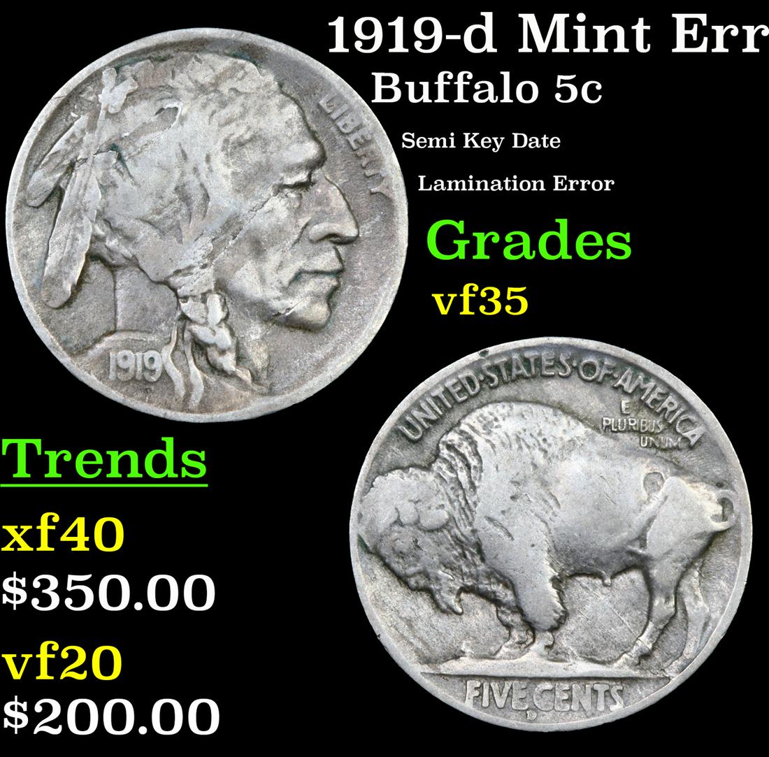 1919-d Buffalo Nickel Mint Error 5c Grades vf++: 1919-d Mint Error Buffalo Nickel 5c Grades vf++. A Corey's Pick