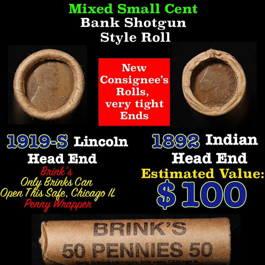 Mixed small cents 1c orig shotgun roll, 1919-s Wheat Cent, 1892 Indian Cent other end, Brinks (1 of 4)