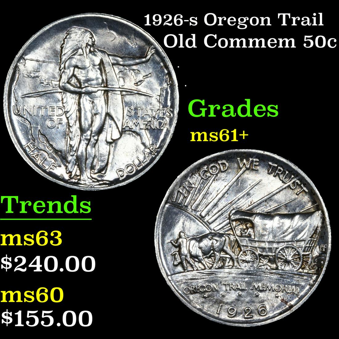 1926-s Oregon Trail Old Commem Half Dollar 50c Grades Unc+ (1 of 3)