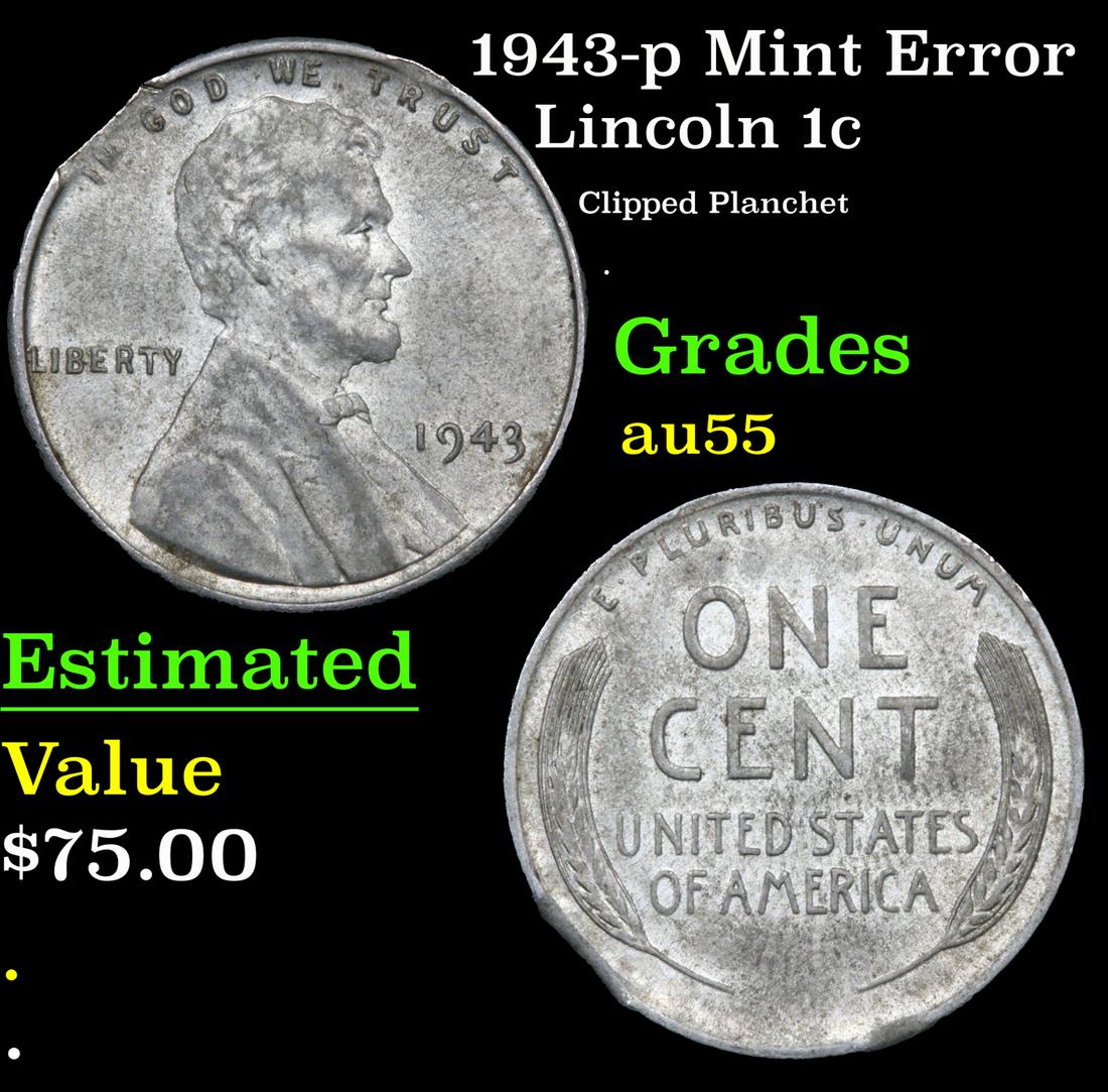 1943-p Lincoln Cent Mint Error 1c Grades Choice AU: 1943-p Mint Error Lincoln Cent 1c Grades Choice AU. One year type coin. The much heralded, "Steel" WWII cent. Great example of a favorite coin. The 1943-p Wartime issue Steel Cent.
