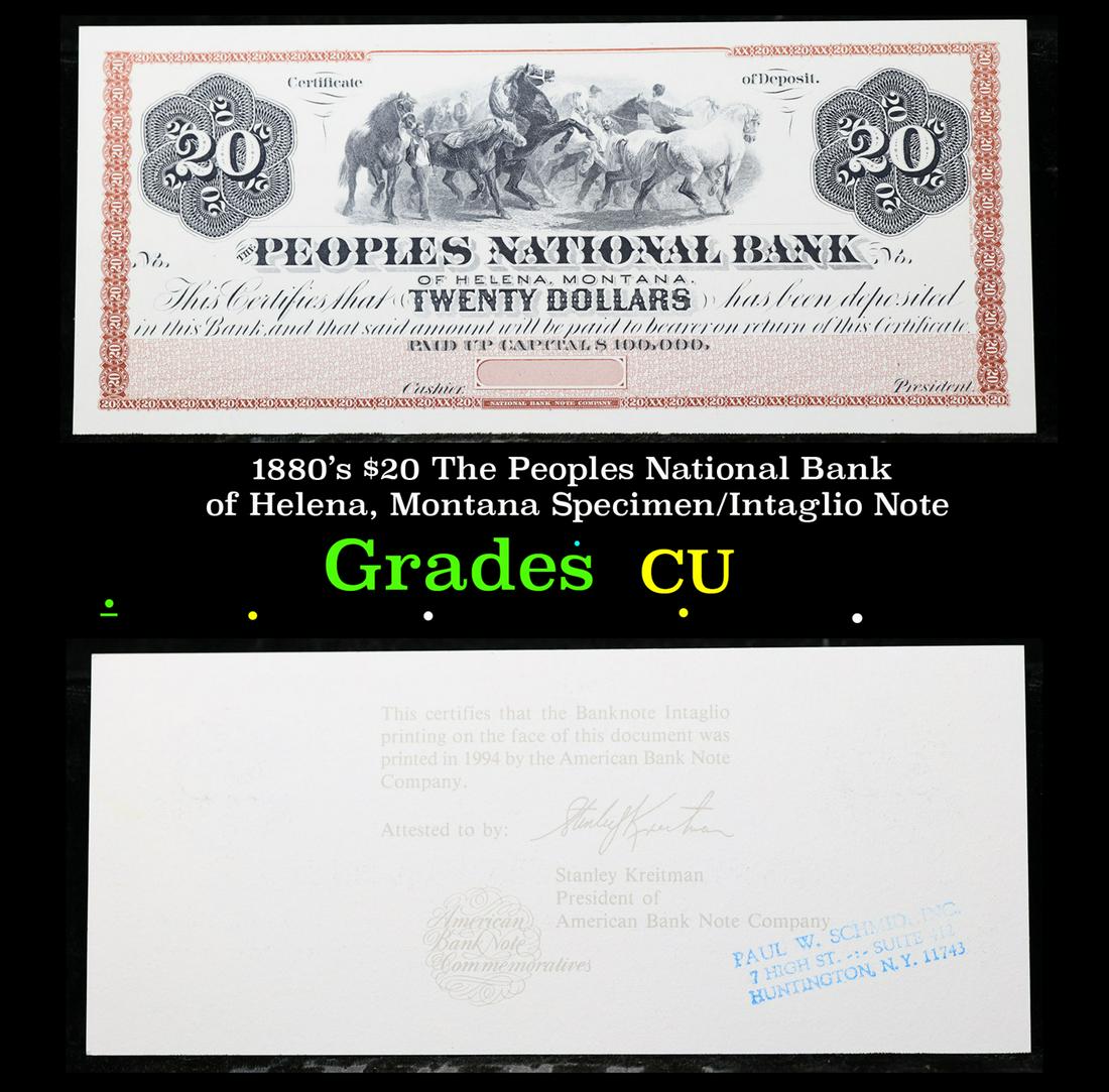 1880's $20 The Peoples National Bank of Helena, Montana Specimen/Intaglio Note Grades CU (1 of 3)