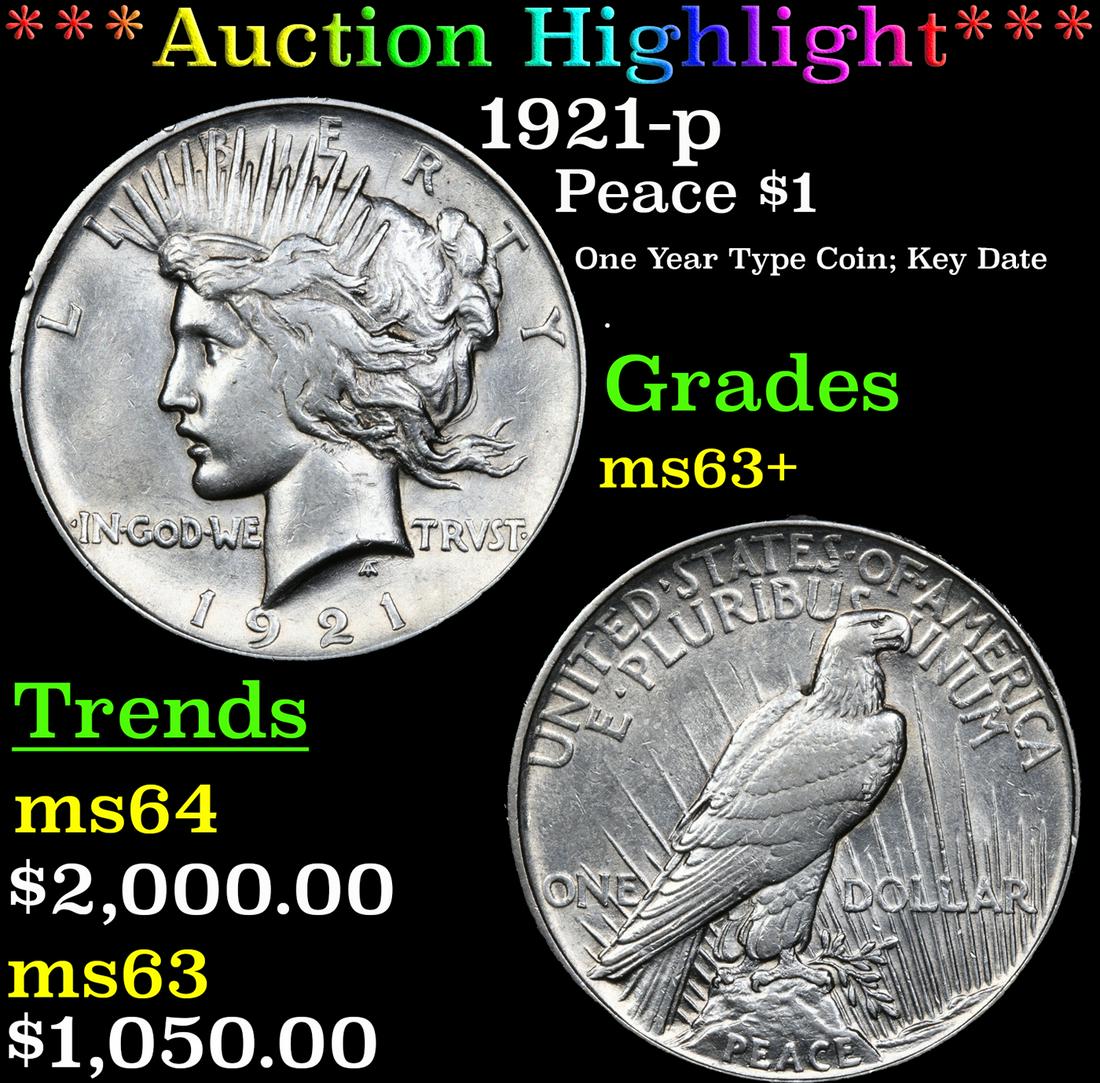 ***Auction Highlight*** 1921-p Peace Dollar $1 Graded Select+ Unc By USCG (fc) (1 of 5)