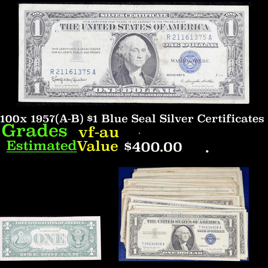 100x Nonconsecutive Serial Number 1957(A-B) $1 Blue Seal Silver Certificates Grades vf-au (1 of 6)