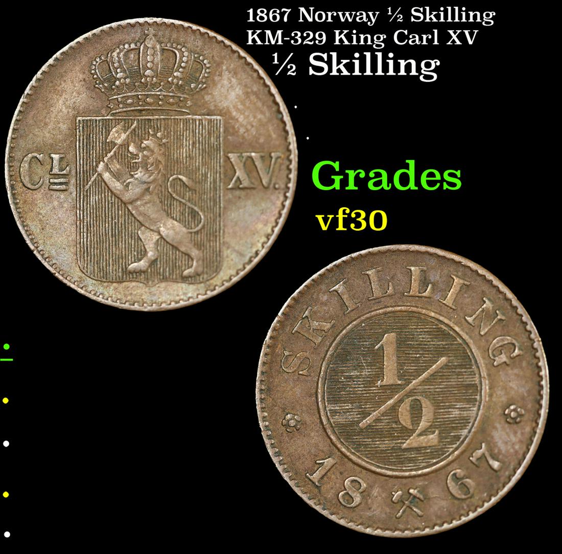 1867 Norway 1/2 Skilling KM-329 King Carl XV Grades vf++ (1 of 3)