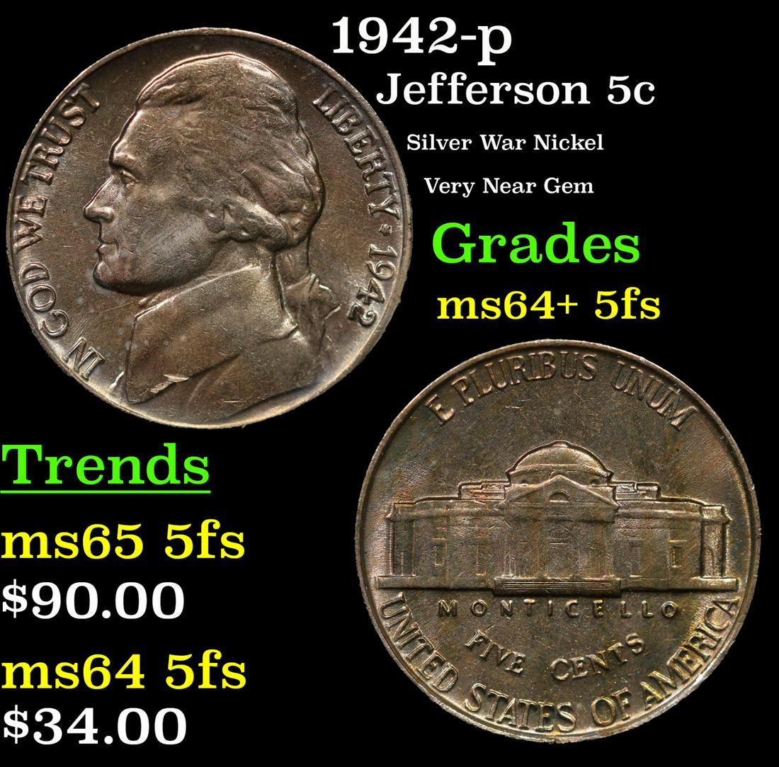1942-p Jefferson Nickel 5c Grades Choice Unc+ 5fs (1 of 3)