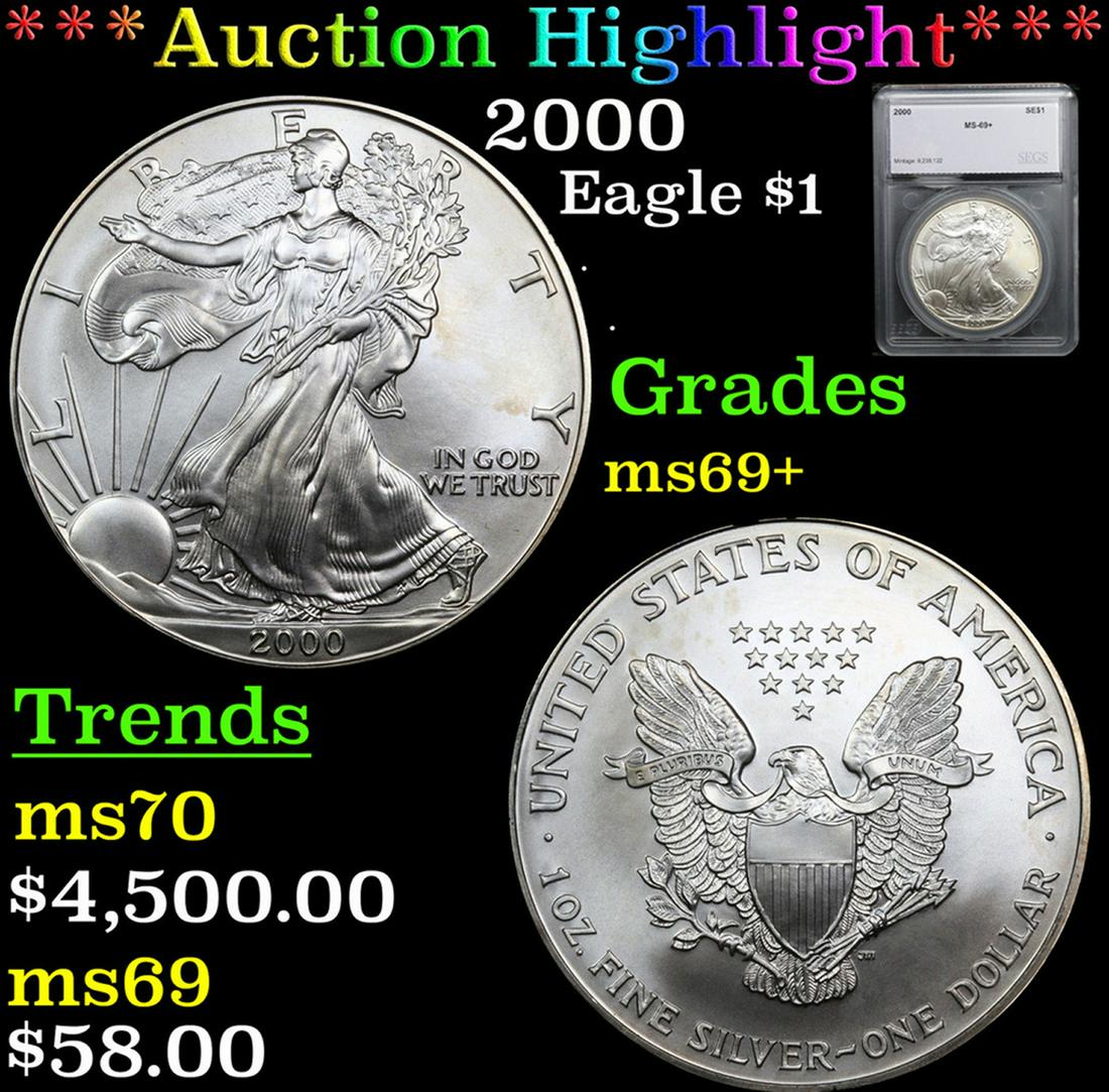 ***Auction Highlight*** 2000 Silver Eagle Dollar $1 Graded ms69+ By SEGS (fc) (1 of 5)