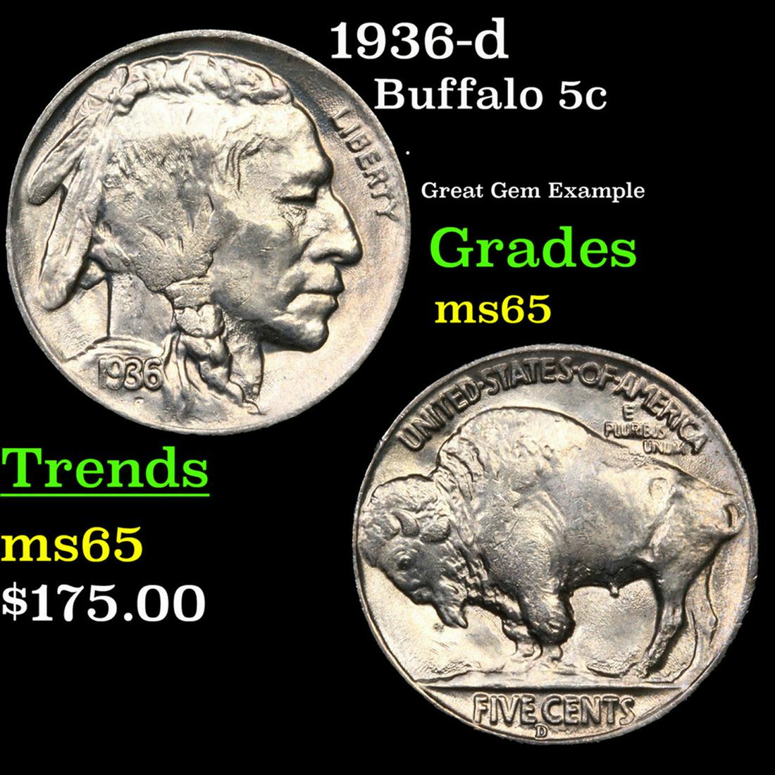 1936-d Buffalo Nickel 5c Grades GEM Unc (1 of 3)