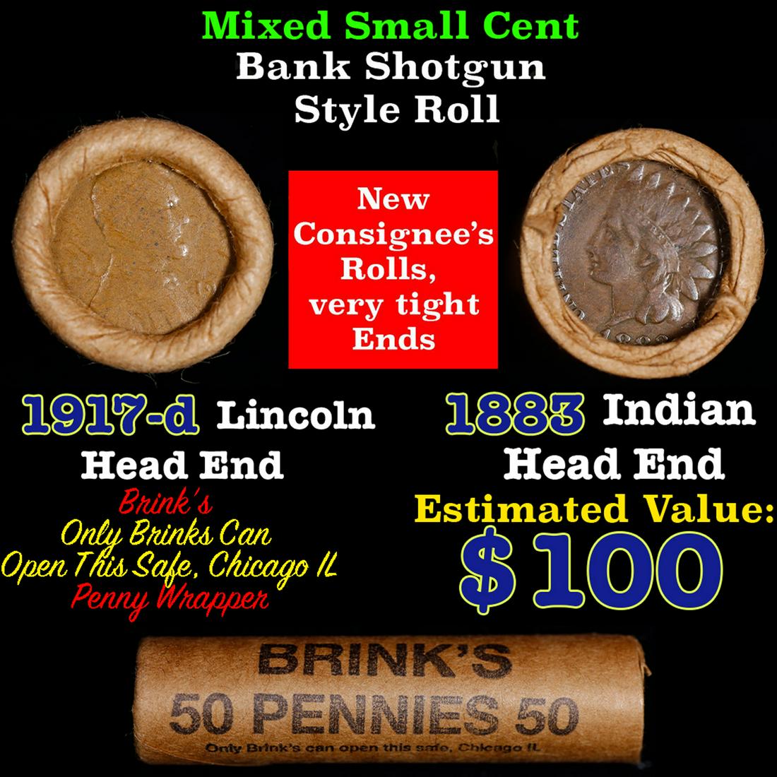 Mixed small cents 1c orig shotgun roll, 1917-d Wheat Cent, 1883 Indian Cent other end, Brinks (1 of 4)