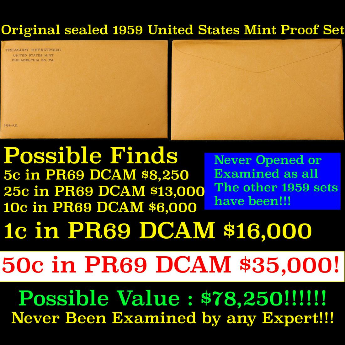 Original sealed 1959 United States Mint Proof Set! 5 Coins Inside! (1 of 3)