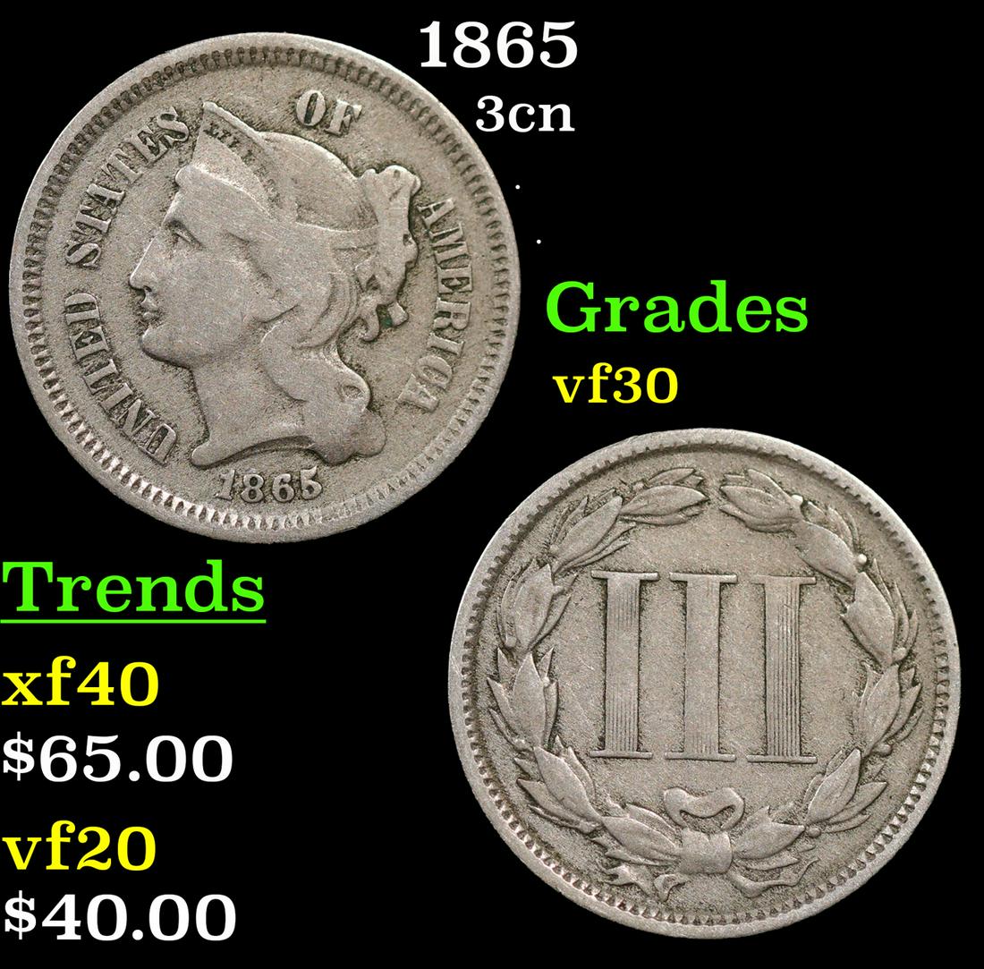1865 Three Cent Copper Nickel 3cn Grades vf++ (1 of 3)