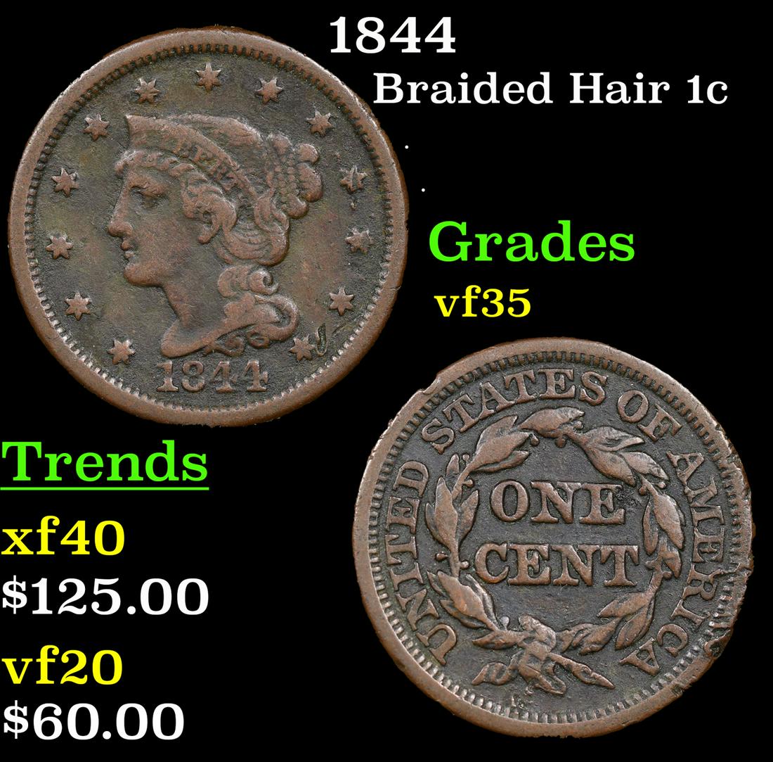 1844 Braided Hair Large Cent 1c Grades vf++ (1 of 3)