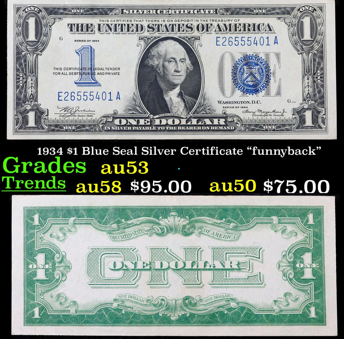 1934 $1 Blue Seal Silver Certificate "funnyback" Grades Select AU (1 of 3)