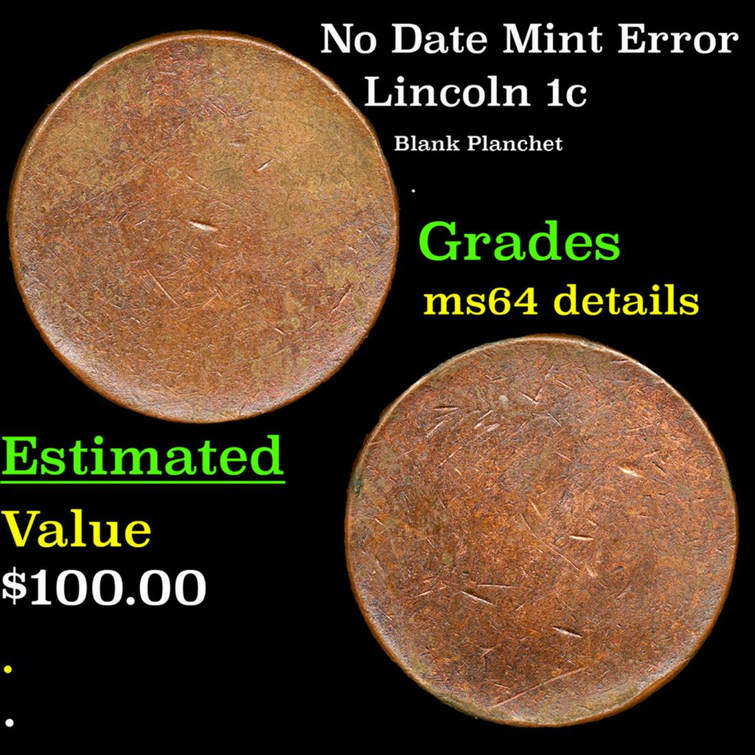 No Date Lincoln Cent Mint Error 1c Grades Unc Details (1 of 3)