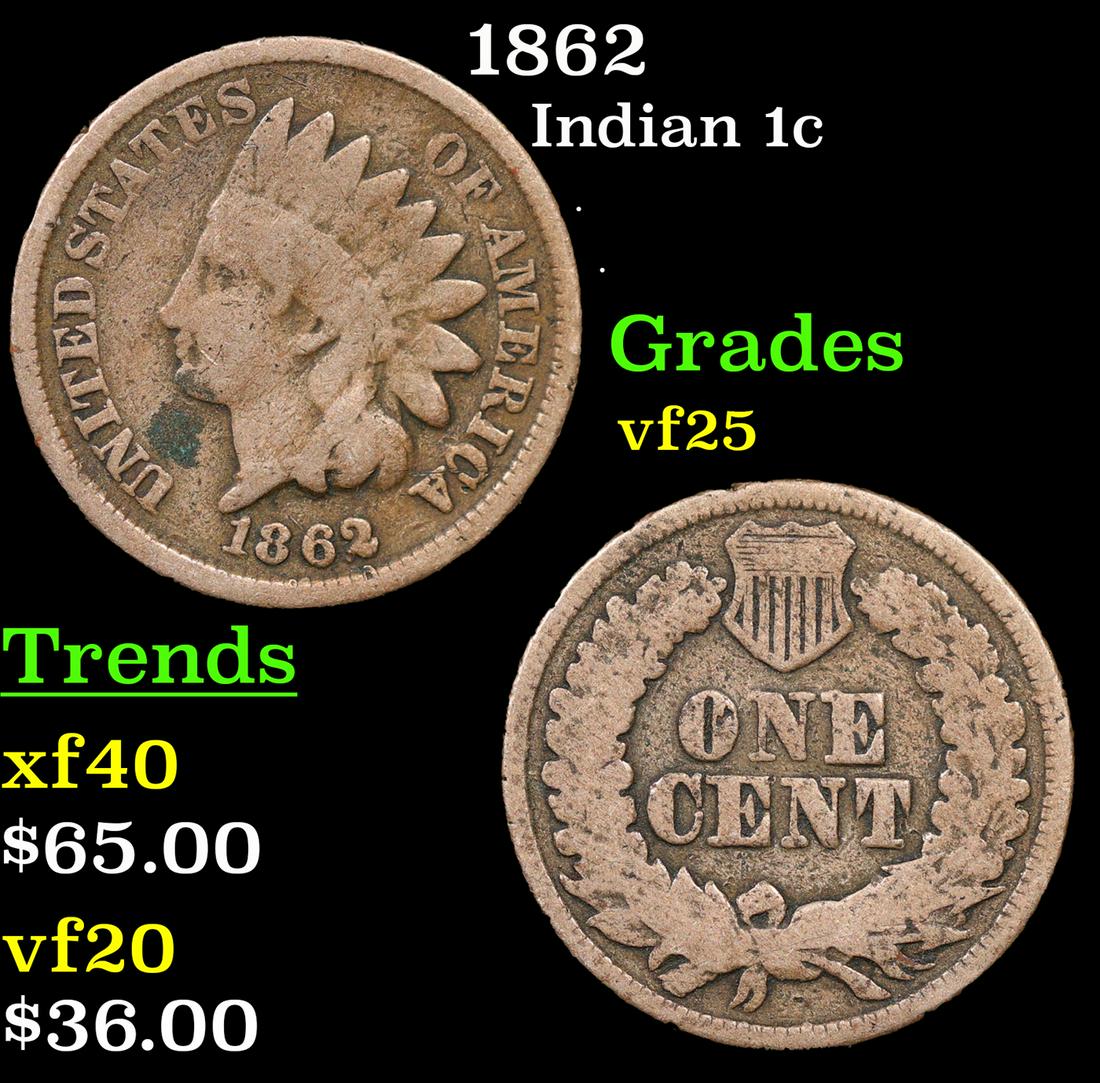 1862 Indian Cent 1c Grades vf+ (1 of 3)