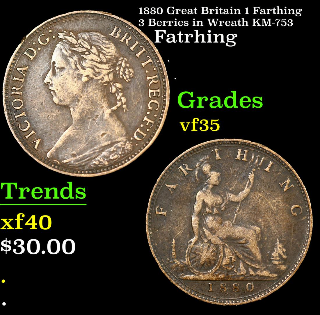 1880 Great Britain 1 Farthing 3 Berries in Wreath KM-753 Grades vf++ (1 of 3)