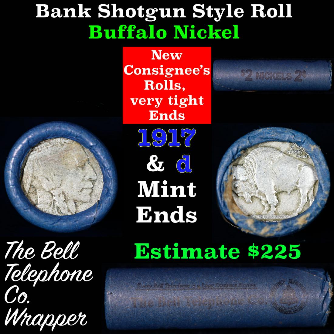 Buffalo Nickel Shotgun Roll in Old Bank Style 'Bell Telephone' Wrapper 1917 &d Mint Ends: Buffalo Nickel Shotgun Roll in Old Bank Style 'Bell Telephone' Wrapper 1917 &d Mint Ends. The roll is held in an old, rare "Bell Telephone Co." Bank style wrapper. This is the Bell Telephone logo from