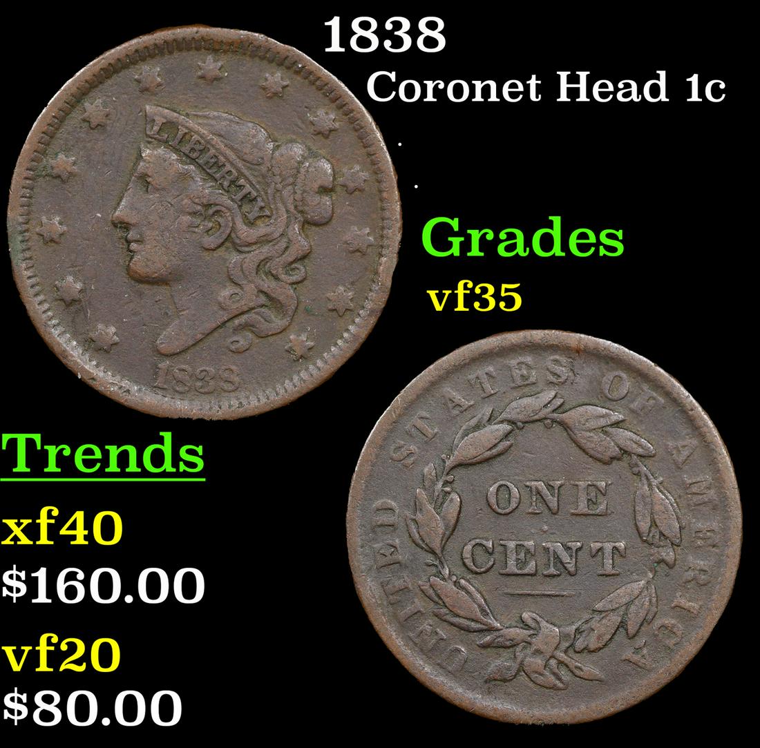 1838 Coronet Head Large Cent 1c Grades vf++ (1 of 3)