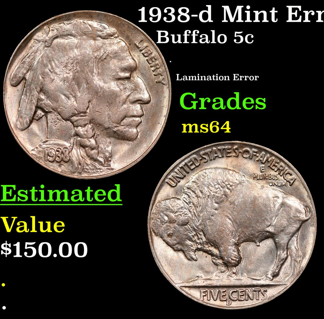 1938-d Buffalo Nickel Mint Error 5c Grades Choice Unc: 1938-d Mint Error Buffalo Nickel 5c Grades Choice Unc.