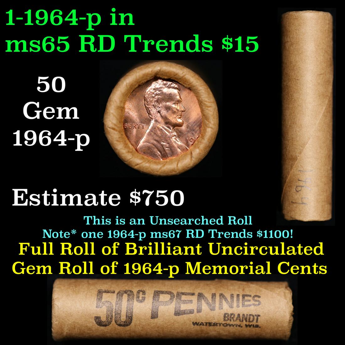 Shotgun Lincoln 1c roll, 1964-p 50 pcs Wrapper: Shotgun Lincoln 1c roll, 1964-p 50 pcs Wrapper . A terrific Shotgun roll of Lincoln cents. All coins cherry red. Trends ms65 rd $15