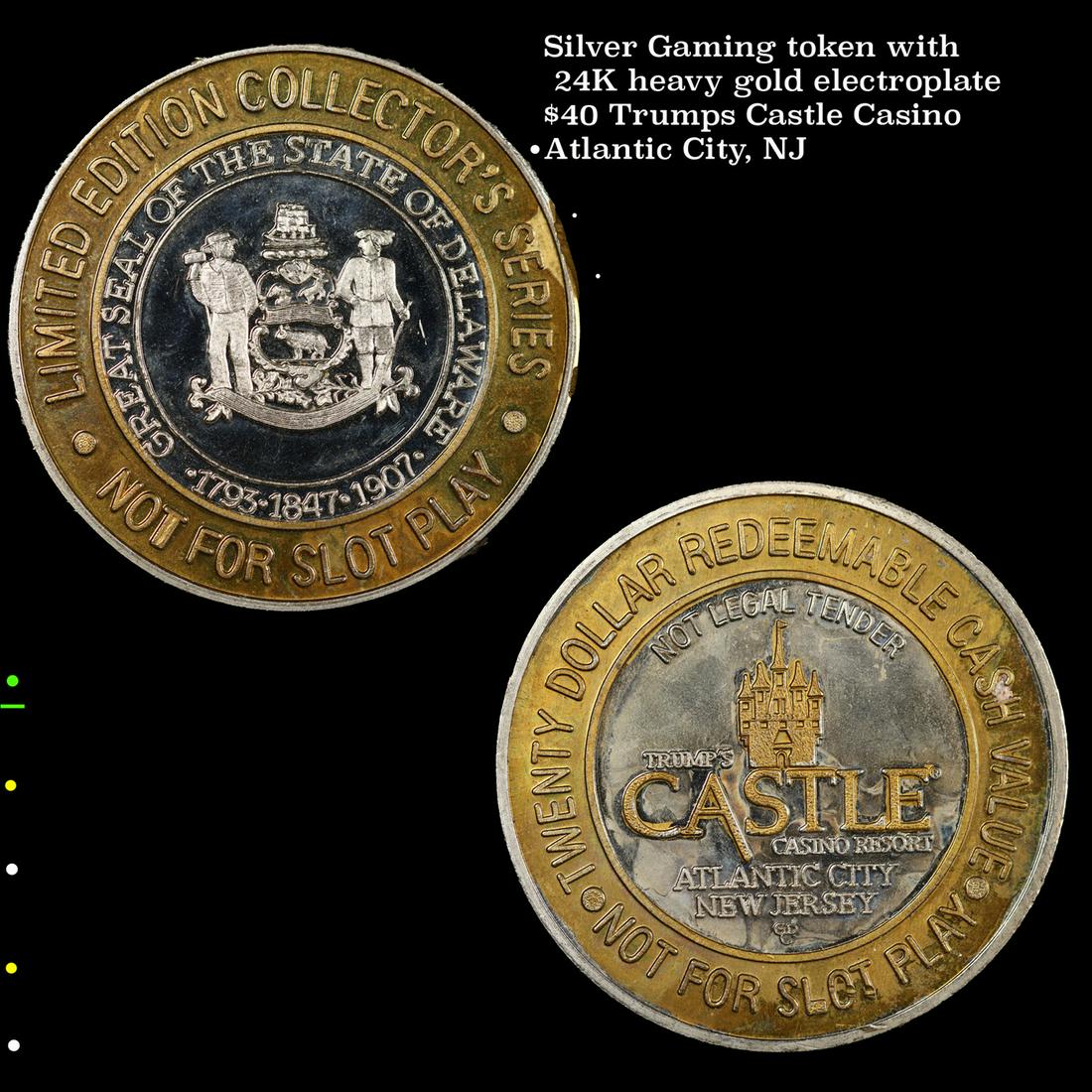 Silver Gaming token with 24K heavy gold electroplate $40 Trump's Castle Casino Atlantic City, NJ (1 of 3)