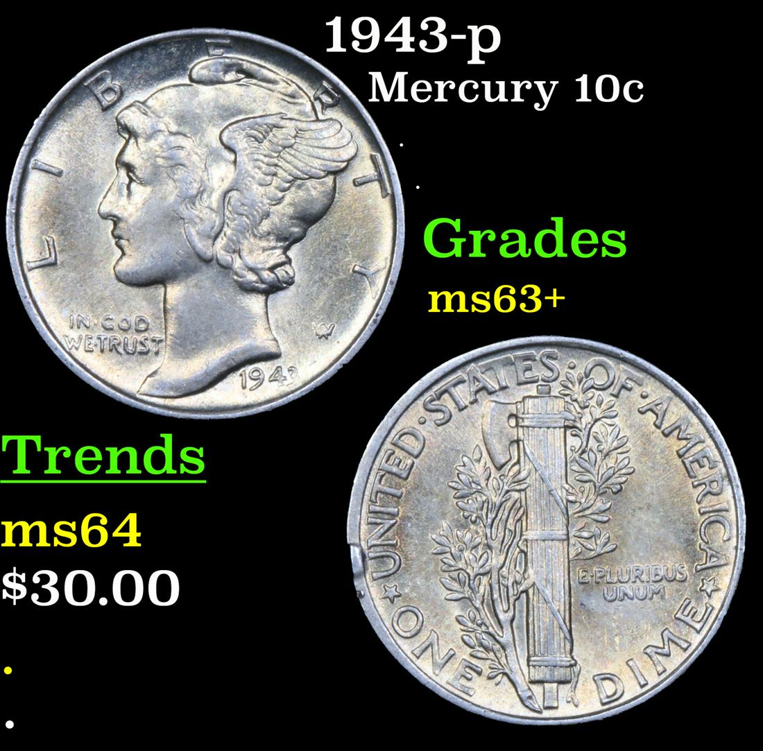 1943-p Mercury Dime 10c Grades Select+ Unc (1 of 3)