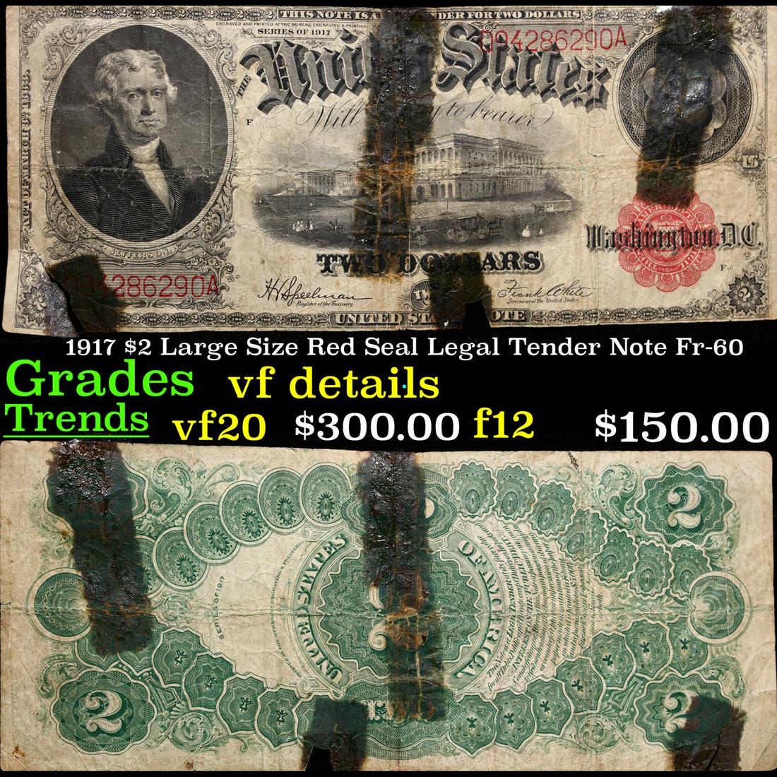 1917 $2 Large Size Red Seal Legal Tender Note Fr-60 Grades vf details (1 of 3)