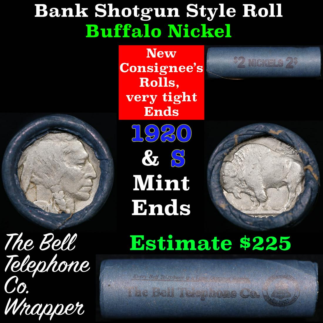 Buffalo Nickel Shotgun Roll in Old Bank Style 'Bell Telephone' Wrapper 1920 & s Mint Ends: Buffalo Nickel Shotgun Roll in Old Bank Style 'Bell Telephone' Wrapper 1920 & s Mint Ends. The roll is held in an old, rare "Bell Telephone Co." Bank style wrapper. This is the Bell Telephone logo fro