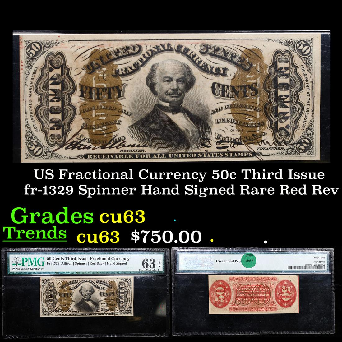 US Fractional Currency 50c Third Issue fr-1329 Spinner Hand Signed Rare Red Rev Graded cu63 By PMG (1 of 4)