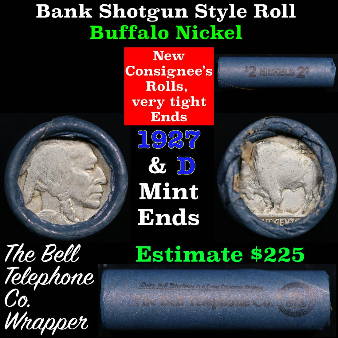 Buffalo Nickel Shotgun Roll in Old Bank Style 'Bell Telephone' Wrapper 1927 &d Mint Ends: Buffalo Nickel Shotgun Roll in Old Bank Style 'Bell Telephone' Wrapper 1927 &d Mint Ends. The roll is held in an old, rare "Bell Telephone Co." Bank style wrapper. This is the Bell Telephone logo from