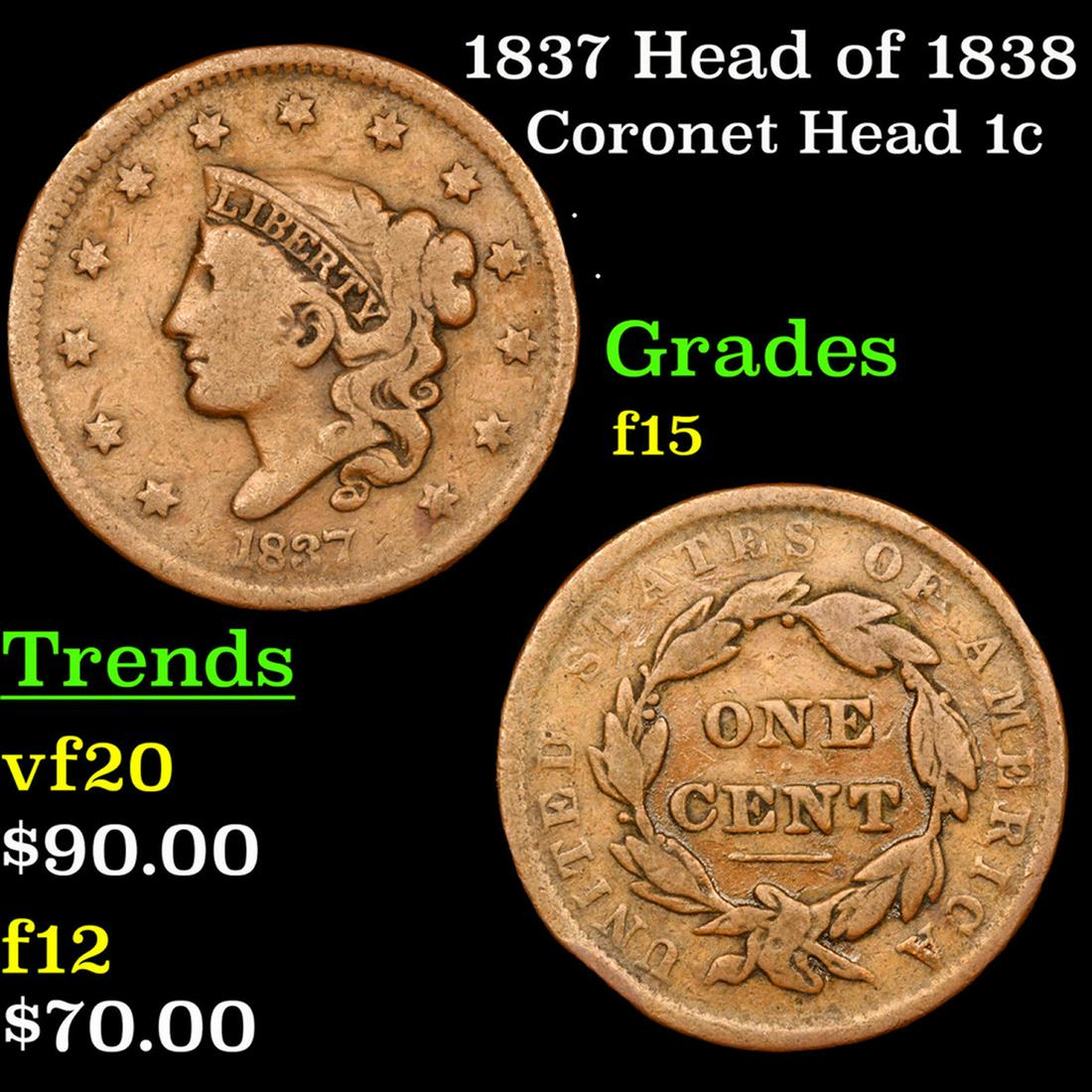 1837 Head of 1838 Coronet Head Large Cent 1c Grades f+ (1 of 3)