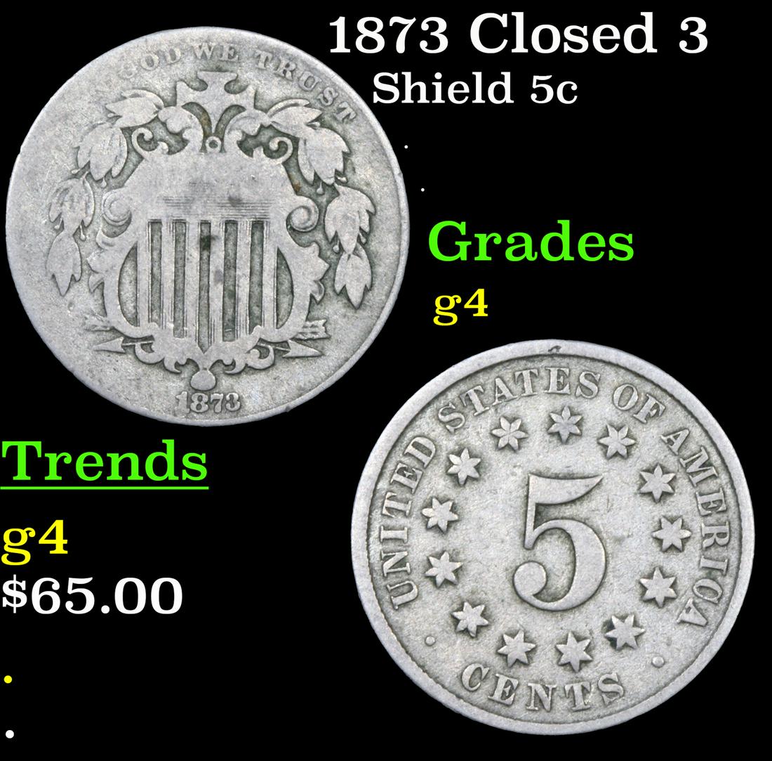 1873 Closed 3 Shield Nickel 5c Grades g, good (1 of 3)
