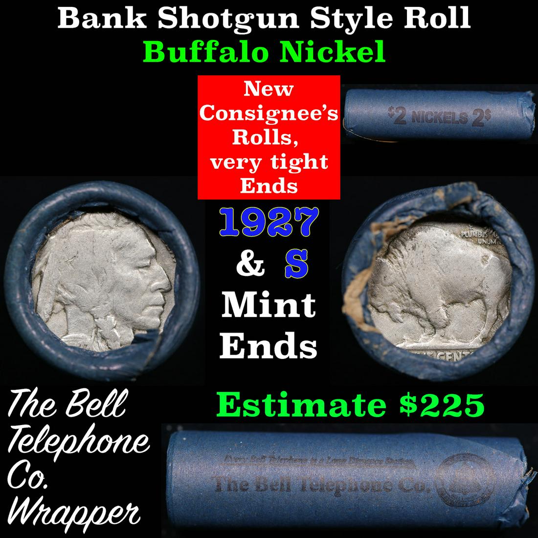 Buffalo Nickel Shotgun Roll in Old Bank Style 'Bell Telephone' Wrapper 1927 &s Mint Ends: Buffalo Nickel Shotgun Roll in Old Bank Style 'Bell Telephone' Wrapper 1927 &s Mint Ends. The roll is held in an old, rare "Bell Telephone Co." Bank style wrapper. This is the Bell Telephone logo from