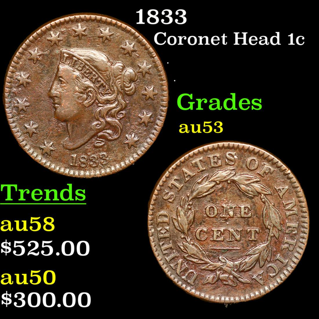 1833 Coronet Head Large Cent 1c Grades Select AU (1 of 3)
