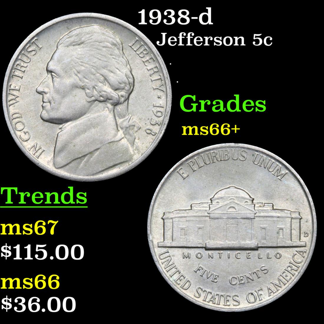 1938-d Jefferson Nickel 5c Grades GEM++ Unc (1 of 3)