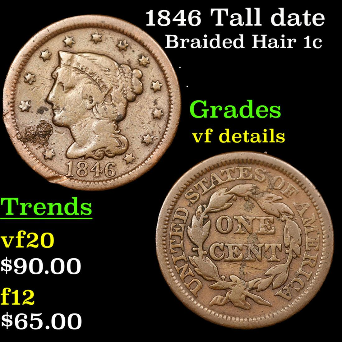 1846 Tall date Braided Hair Large Cent 1c Grades vf details (1 of 3)