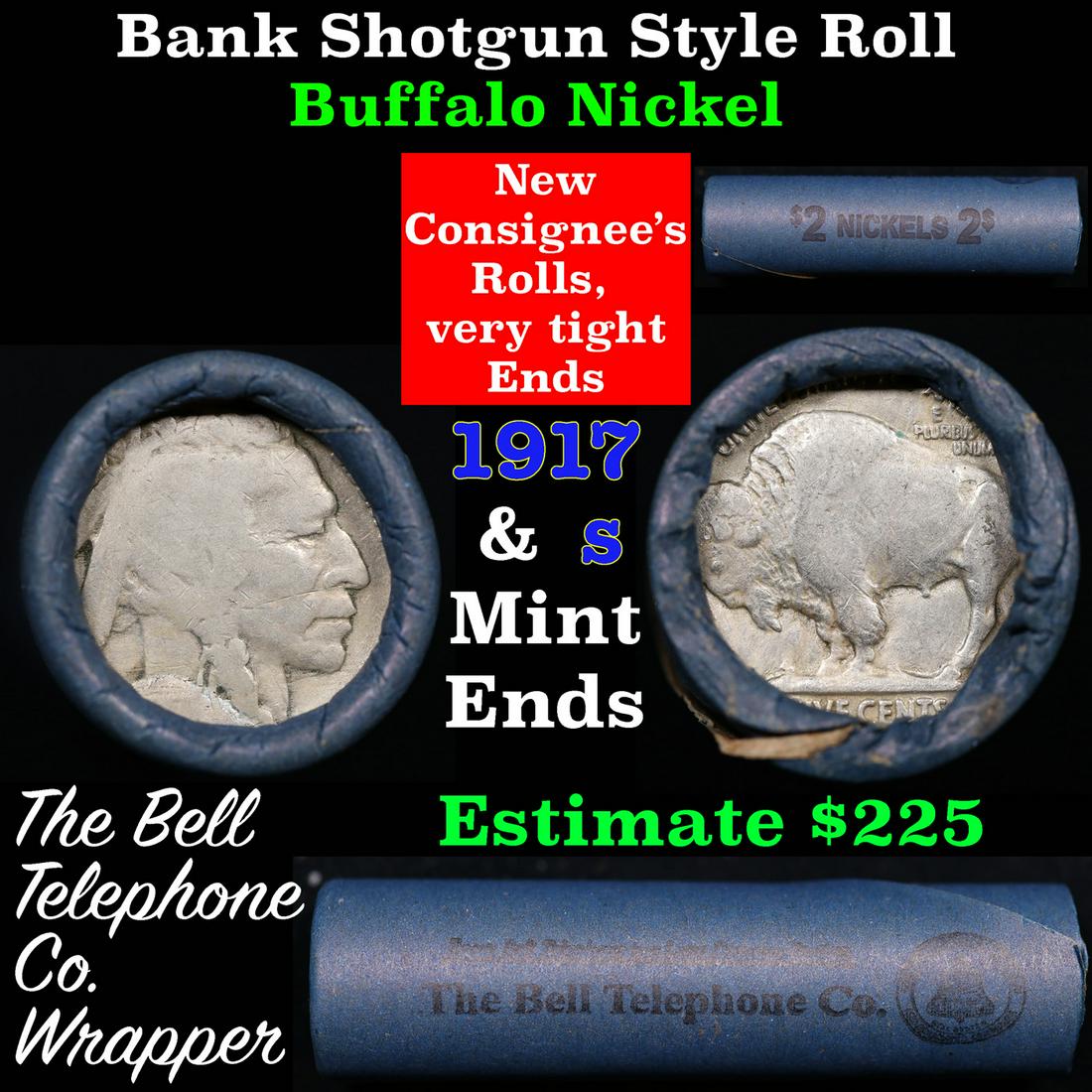 Buffalo Nickel Shotgun Roll in Old Bank Style 'Bell Telephone' Wrapper 1917 &s Mint Ends: Buffalo Nickel Shotgun Roll in Old Bank Style 'Bell Telephone' Wrapper 1917 &s Mint Ends. The roll is held in an old, rare "Bell Telephone Co." Bank style wrapper. This is the Bell Telephone logo from