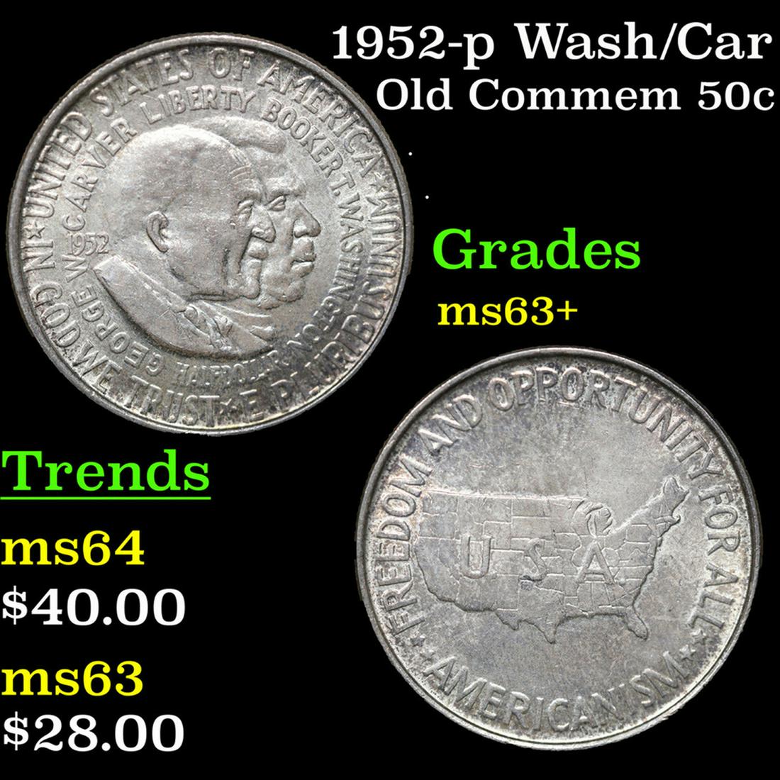 1952-p Wash/Car Old Commem Half Dollar 50c Grades Select+ Unc (1 of 3)