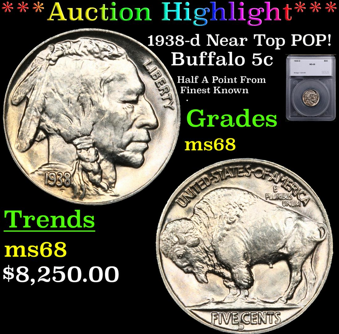 ***Auction Highlight*** 1938-d Buffalo Nickel Near Top POP! 5c Graded ms68 By SEGS (fc) (1 of 5)
