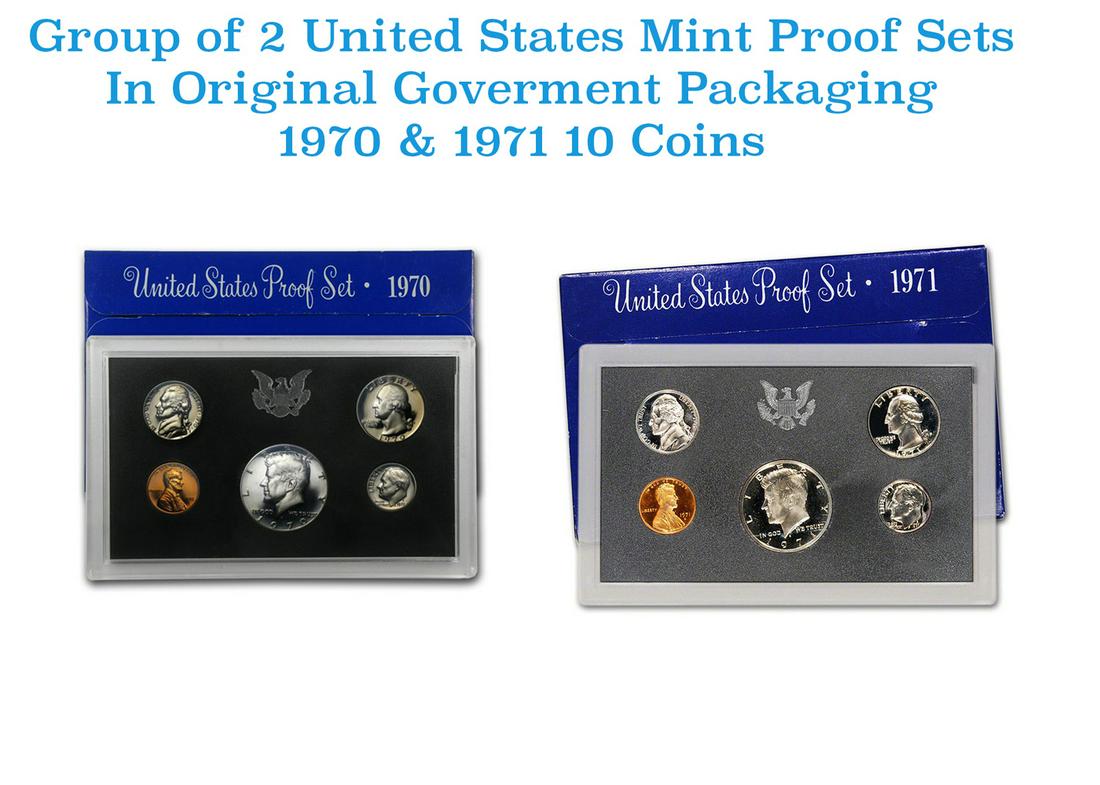 Group of 2 United States Mint Proof Sets 1970-1971. Containd 1970 Kennedy Half Dollar was struck in (1 of 3)
